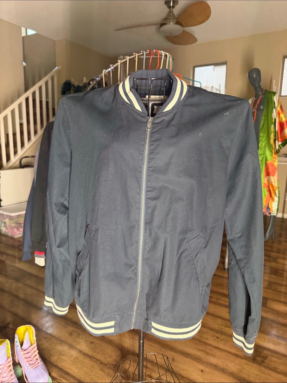Classic Navy Bomber Jacket with Contrast Stripe Trim